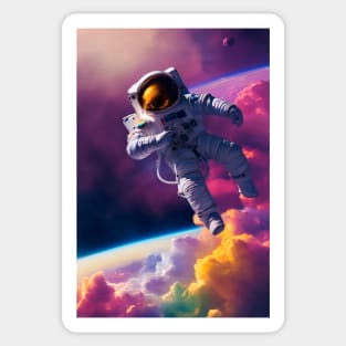 Astronaut fly through colorful clouds in space Sticker